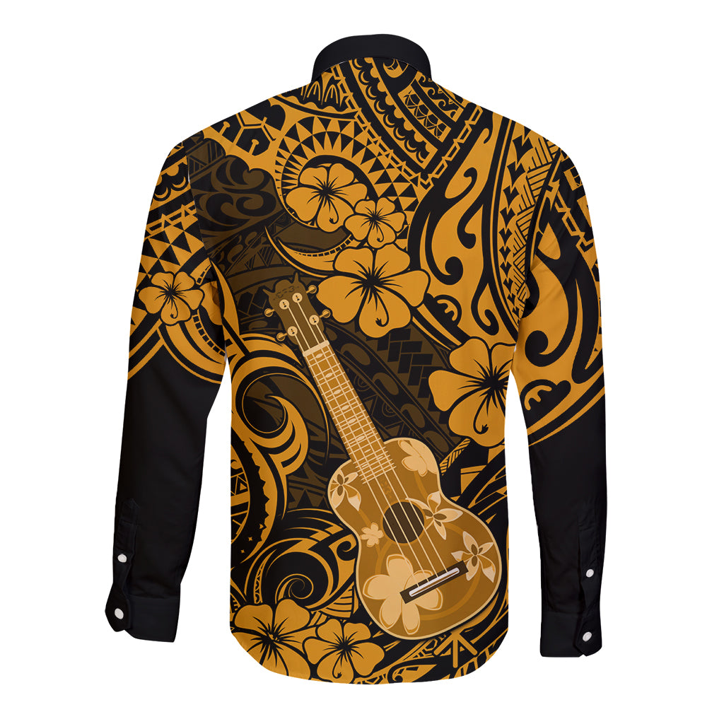 Gold and black long-sleeve button shirt with Polynesian pattern and ukulele back