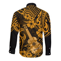 Gold and black long-sleeve button shirt with Polynesian pattern and ukulele back
