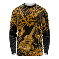 Unisex gold long-sleeve shirt with black guitar and floral Polynesian pattern
