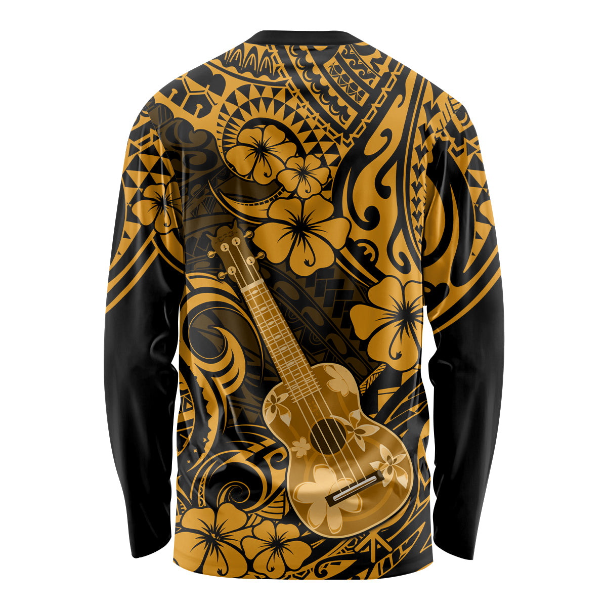 Unisex gold long-sleeve shirt with black guitar and floral Polynesian pattern, back