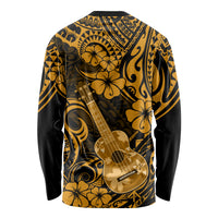 Unisex gold long-sleeve shirt with black guitar and floral Polynesian pattern, back