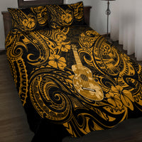 Gold and black guitar-themed Polynesian quilt bed set with large floral swirl pattern