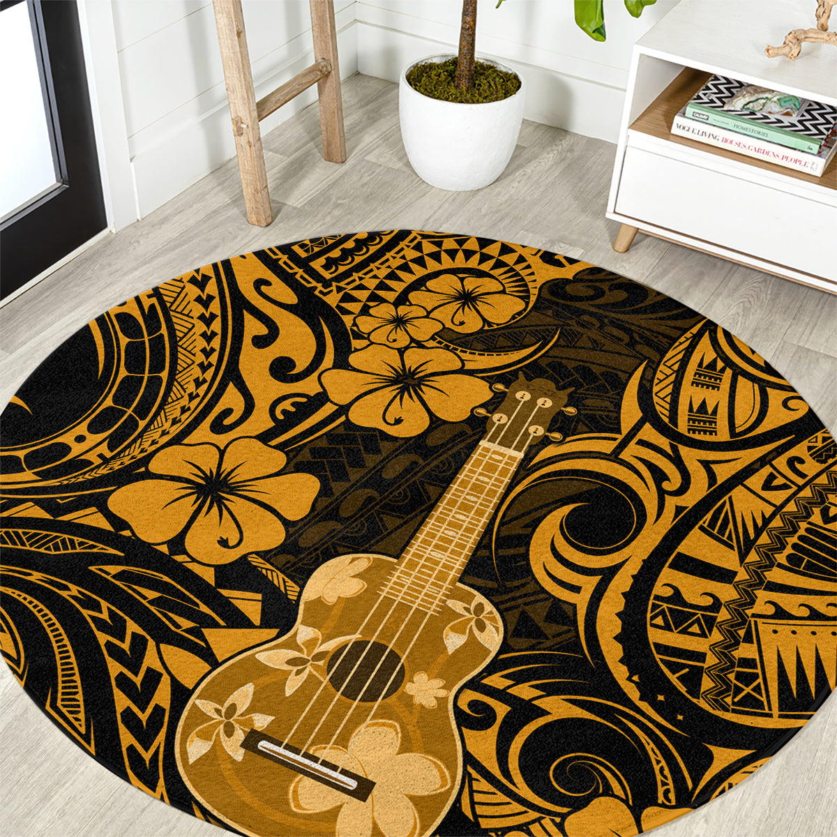 Round gold and black Polynesian pattern area rug with ukulele graphic