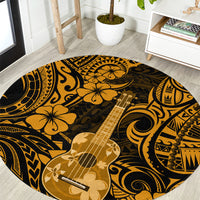 Round gold and black Polynesian pattern area rug with ukulele graphic