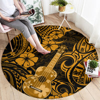 Round gold and black Polynesian area rug with ukulele and floral swirls