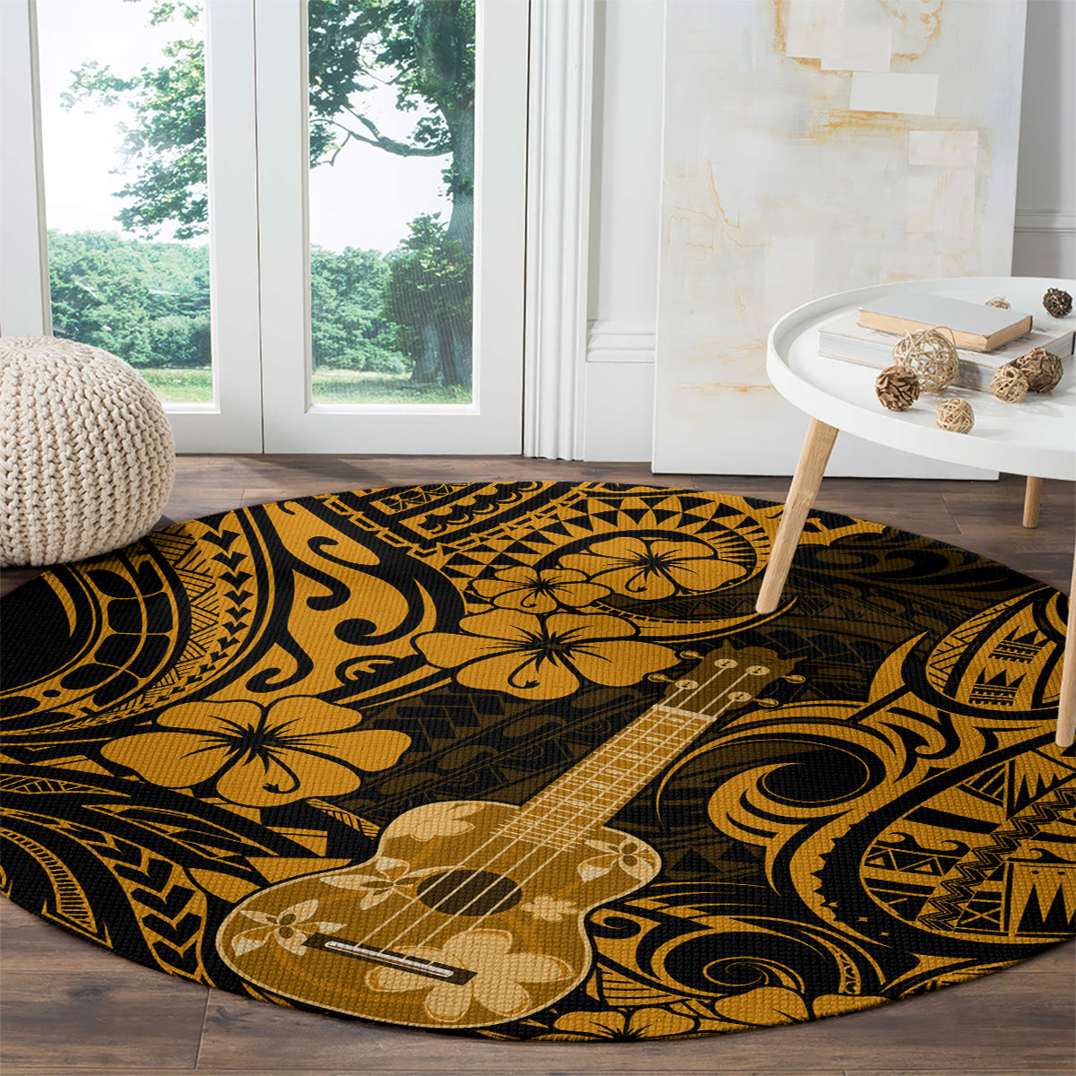 Round gold and black Polynesian area rug with ukulele design and wave swirls