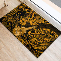 Rectangular rubber doormat showing a gold ukulele center with Polynesian motifs in black