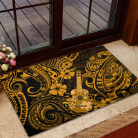 Rubber entry doormat with gold Polynesian swirls, flowers, and ukulele graphic on black