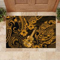 Rectangular rubber doormat featuring a gold ukulele and floral Polynesian pattern on black