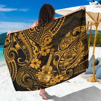 Gold Polynesian pattern sarong with ukulele motif, black and gold swirls