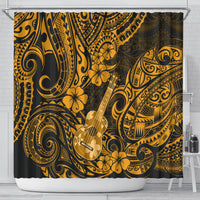 Gold shower curtain featuring ukulele, tropical flowers, and decorative Polynesian patterns