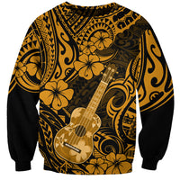 Unisex gold and black ukulele sweatshirt with Polynesian floral and swirl pattern