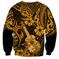 Unisex gold and black ukulele sweatshirt with Polynesian swirl and floral print