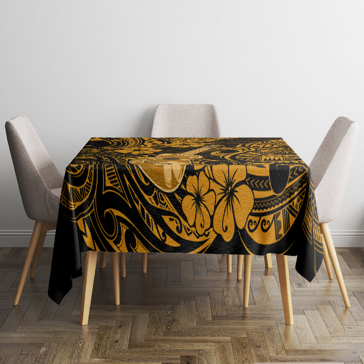 Black and gold polynesian tablecloth with sun and leaf pattern