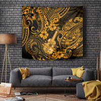 Gold and black Hawaii ukulele tapestry with Polynesian swirl and flower pattern
