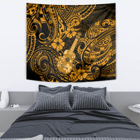 Hawaii ukulele wall tapestry in gold and black with Polynesian motif and floral accents