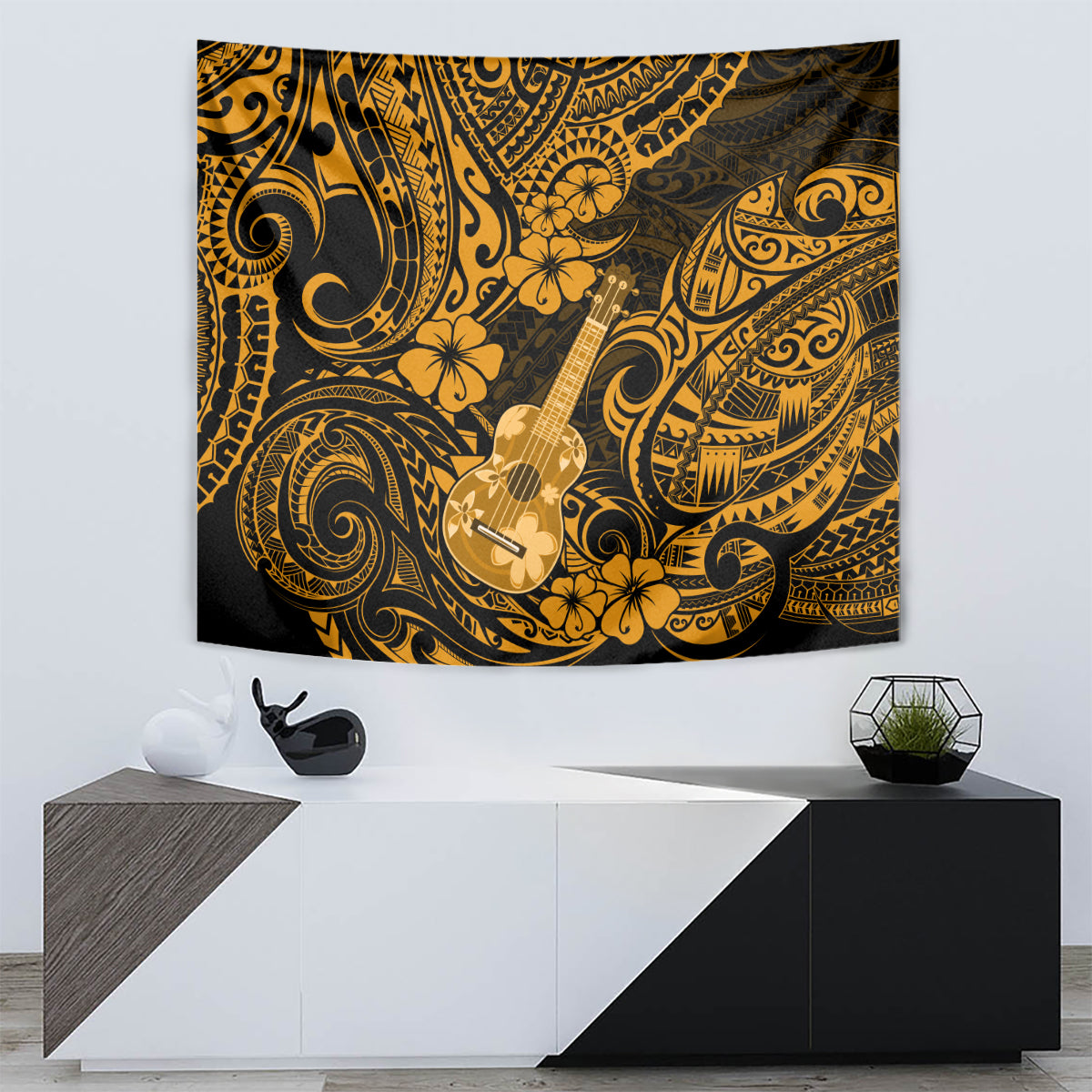 Gold and dark Hawaii ukulele tapestry featuring Polynesian swirls, flowers, and a guitar