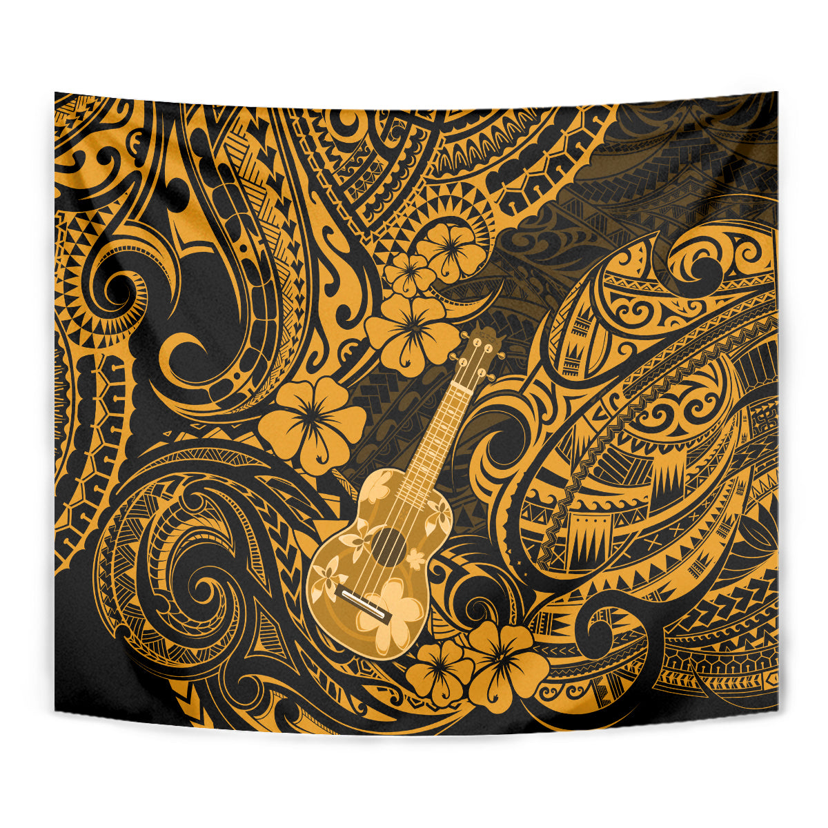 Close-up gold and black Hawaii ukulele tapestry with Polynesian swirls and flower motif