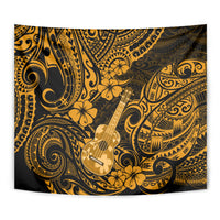 Close-up gold and black Hawaii ukulele tapestry with Polynesian swirls and flower motif