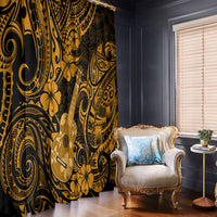 Gold Polynesian pattern window curtain with dark swirl and flower motifs