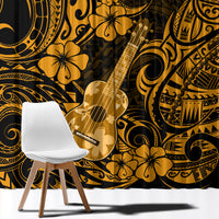 Gold and dark Polynesian window curtain with ukulele and floral swirl print