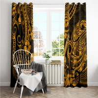 Gold and dark Polynesian pattern window curtains with floral swirls