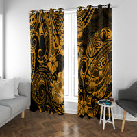 Gold Polynesian pattern curtain panels on a rod, with swirl and flower motifs