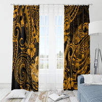 Gold and dark Polynesian window curtain panels with ukulele and floral motifs