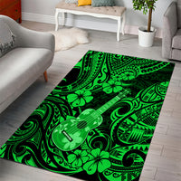 Green Polynesian pattern area rug with ukulele and floral motifs, rectangular.
