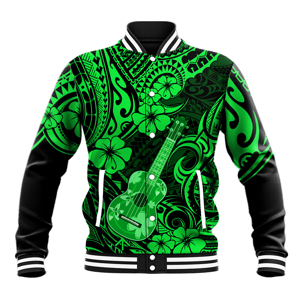 Green baseball jacket with Polynesian guitar and hibiscus graphic, snap buttons