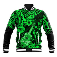 Green baseball jacket with Polynesian guitar and hibiscus graphic, snap buttons