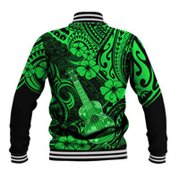 Green baseball jacket with large rear Polynesian pattern, striped ribbed collar and cuffs
