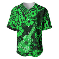 Green polynesian pattern ukulele baseball jersey with short sleeves and buttoned collar