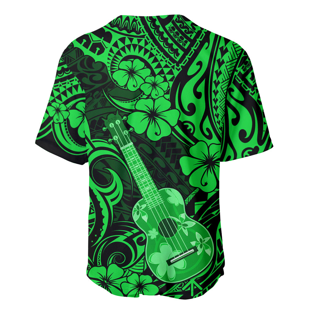Green ukulele polynesian pattern baseball jersey with short sleeves and crew collar