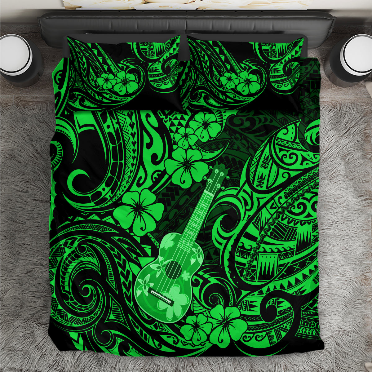 Green Polynesian bedding set with ukulele and hibiscus pattern, top view