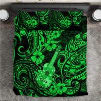 Green Polynesian bedding set with ukulele and hibiscus pattern, top view