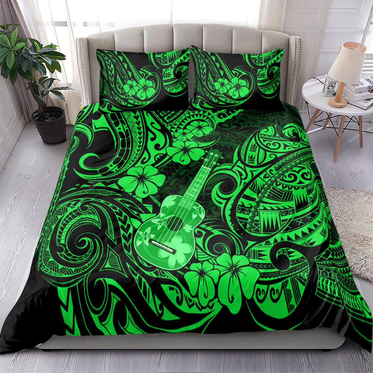 Green Polynesian bedding set with ukulele and hibiscus pattern, on bed with pillows