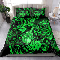 Green Polynesian bedding set with ukulele and hibiscus pattern, on bed with pillows