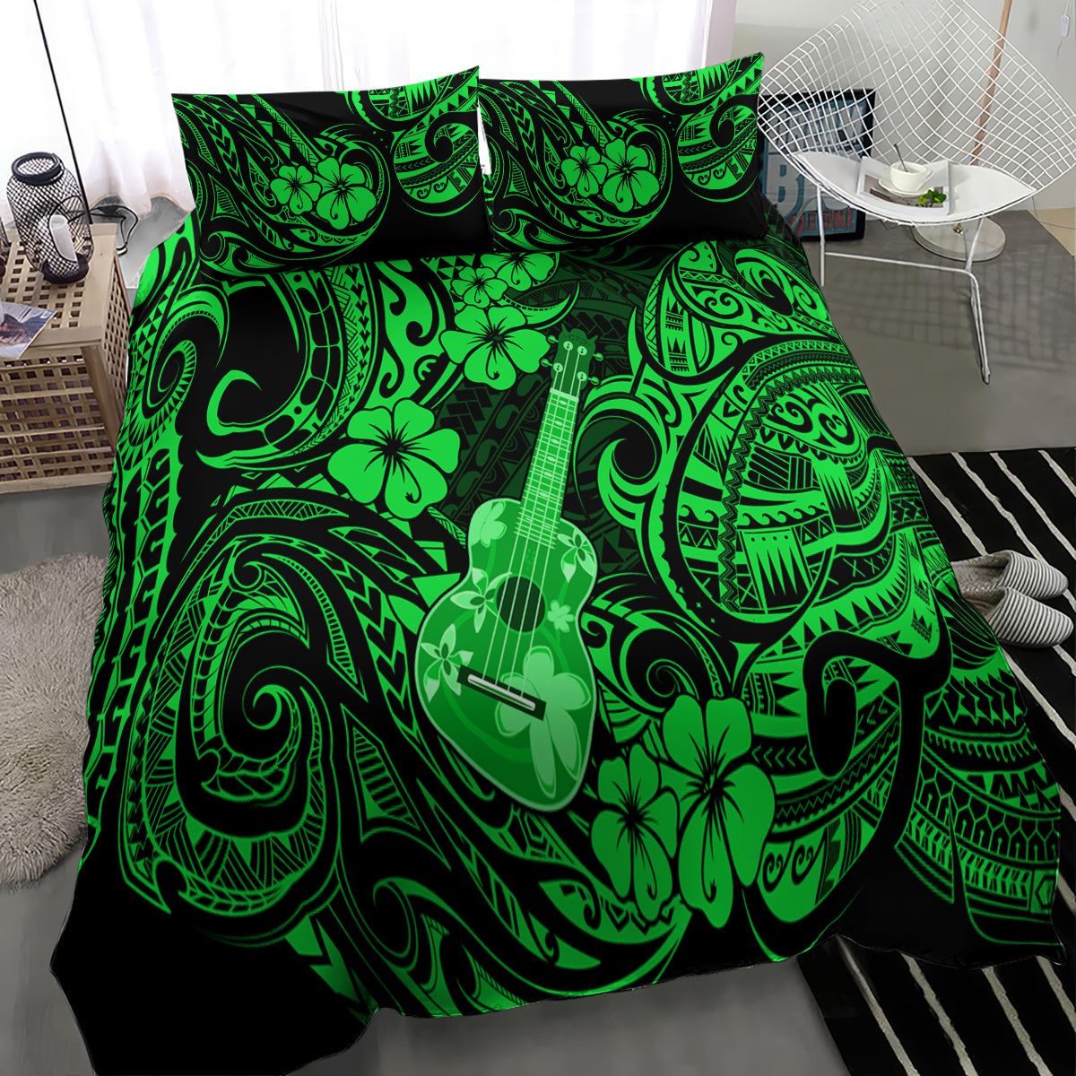 Green Polynesian bedding set with ukulele and hibiscus pattern, angled on bed