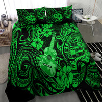 Green Polynesian bedding set with ukulele and hibiscus pattern, angled on bed