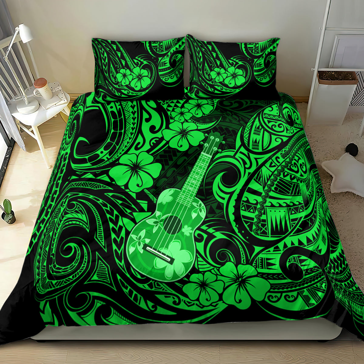 Green Polynesian bedding set with ukulele and hibiscus pattern, on bed