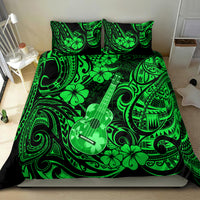Green Polynesian bedding set with ukulele and hibiscus pattern, on bed
