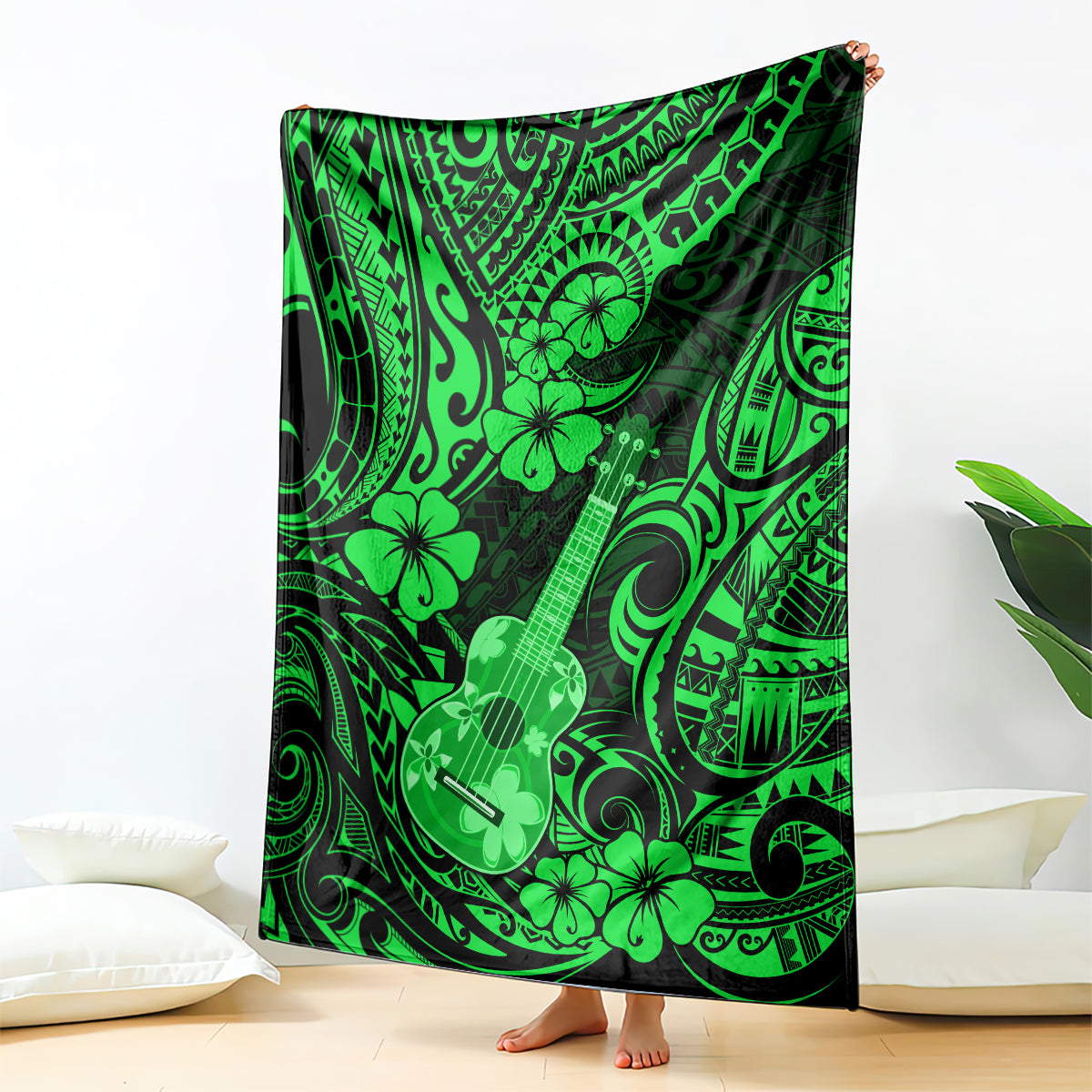 Green ukulele blanket with Polynesian floral and pattern design