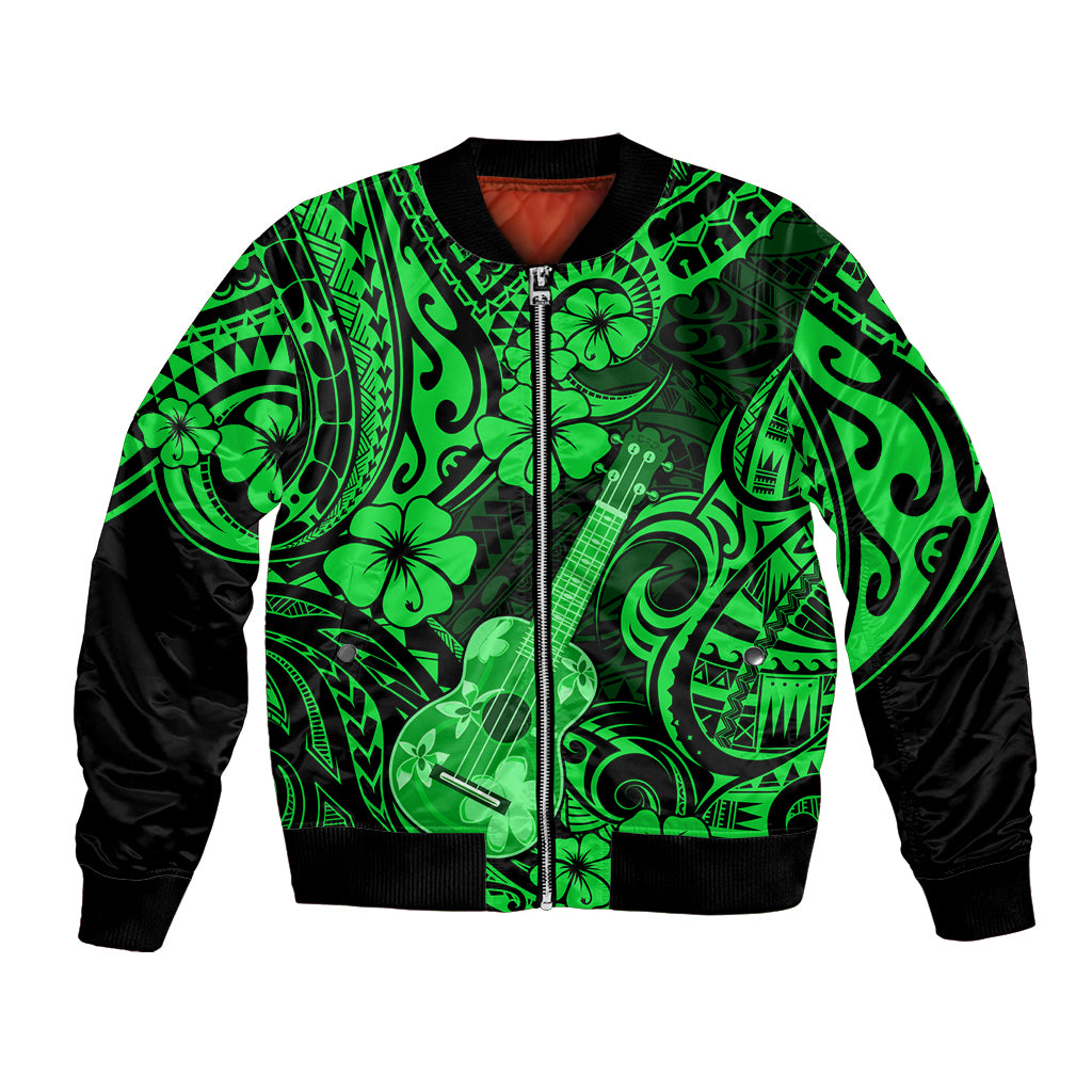 Green bomber jacket with black sleeves, full zip, and Polynesian ukulele and floral print.