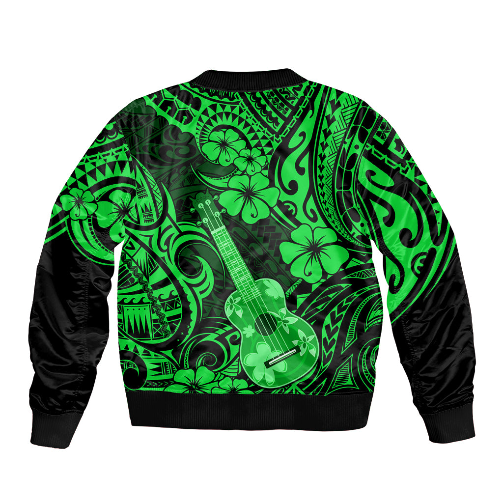 Green bomber jacket with full zip and bold Polynesian ukulele/floral pattern, black cuffs.