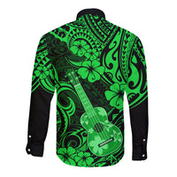 Green and black long-sleeve button-up shirt with ukulele and floral Polynesian back print