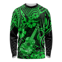Unisex long sleeve shirt, green and black polynesian pattern with ukulele graphic