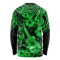 Unisex long sleeve shirt, green and black polynesian print with guitar and hibiscus