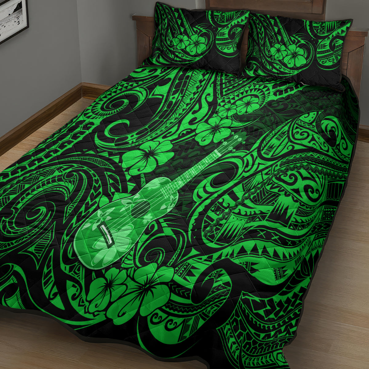 Green quilt bed set with ukulele, swirl and clover motifs; duvet view