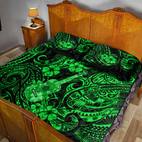 Green Polynesian quilt bed set featuring ukulele and tribal scrolls; two pillows
